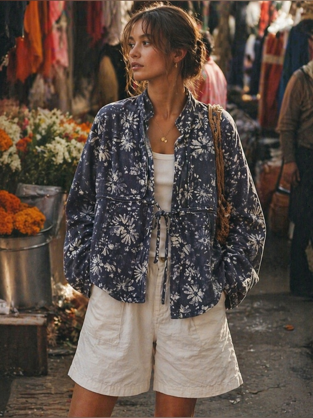 NWT free people lua bed jacket navy and white floral Small